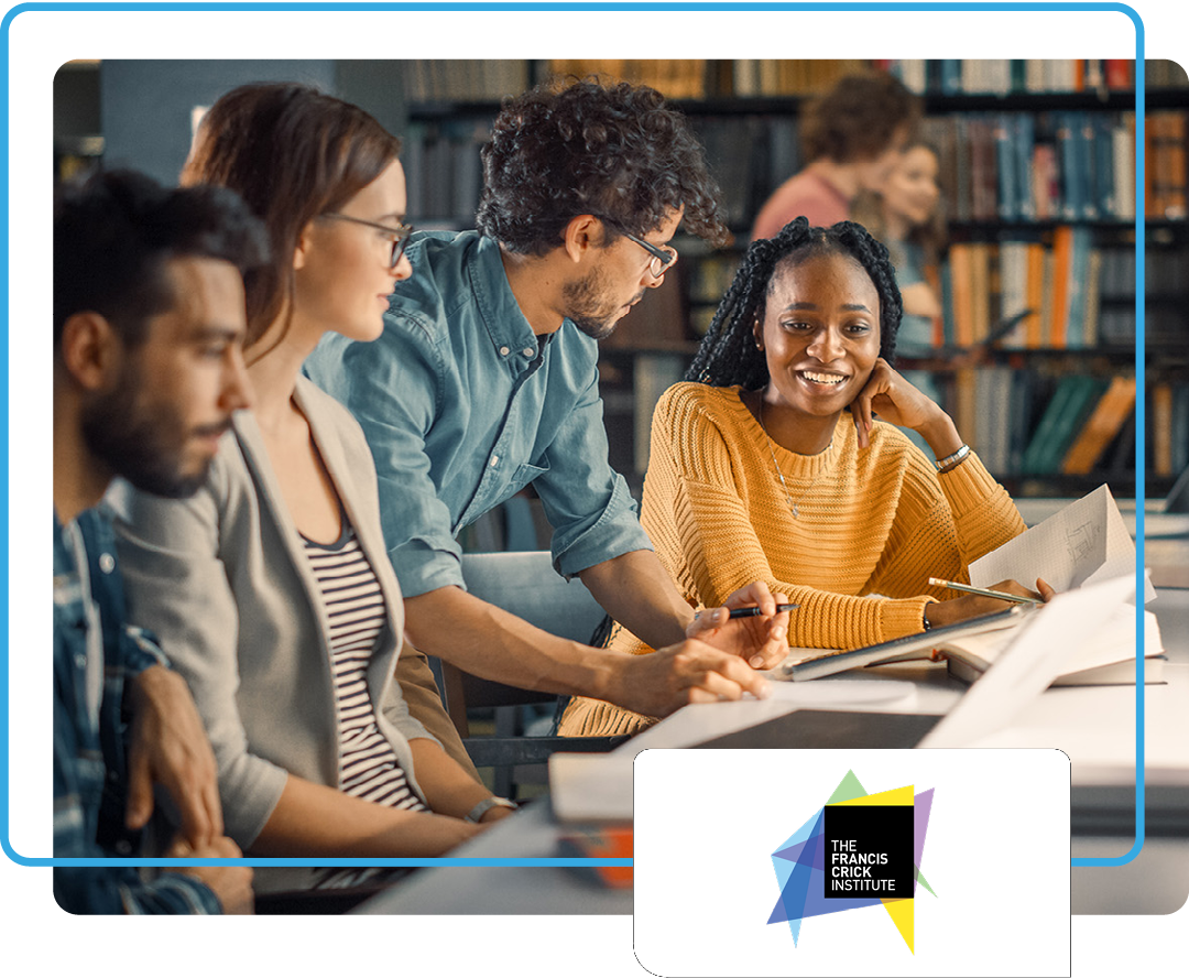 Image of students talking to a teacher with a Francis Crick Institute logo