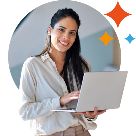 Image of a smiling business professional holding a laptop