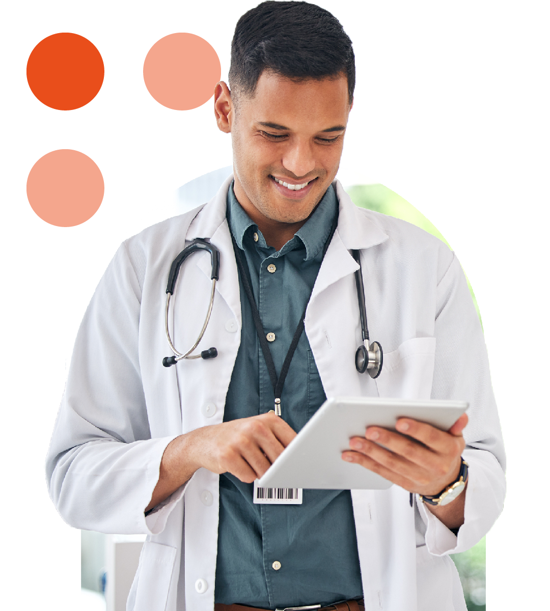 Image of a smiling doctor holding a tablet