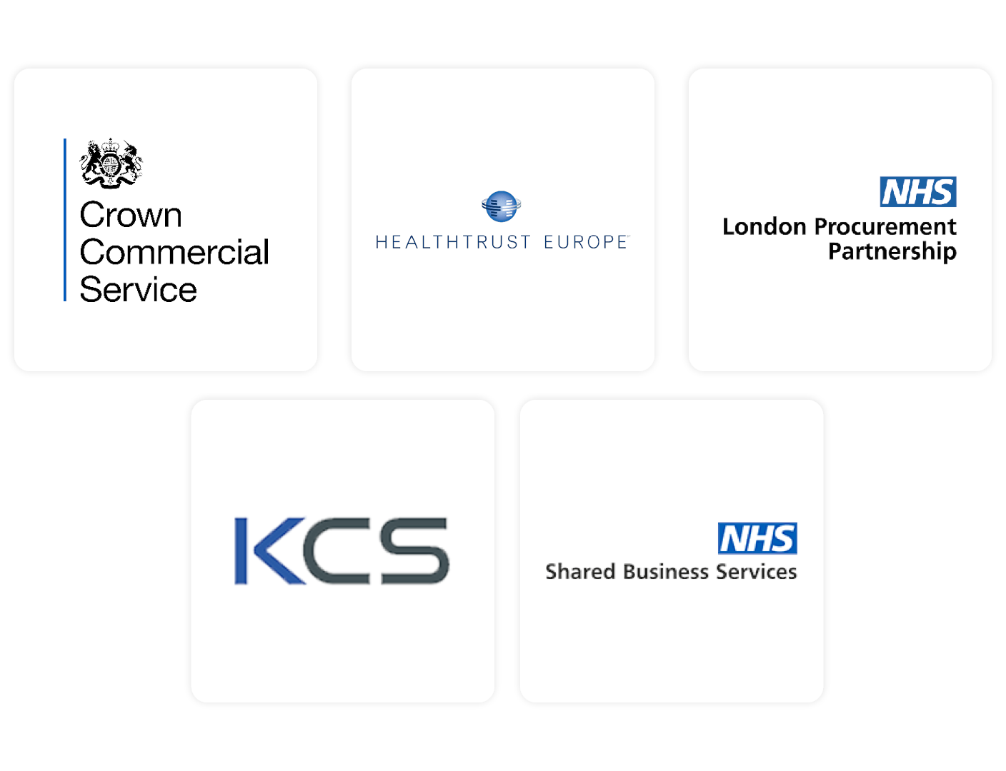 Image of our healthcare accreditations: Crown Commercial Services, Healthtrust Europe, NHS London Procurement Partnership, KCS, and NHS Shared Business Services