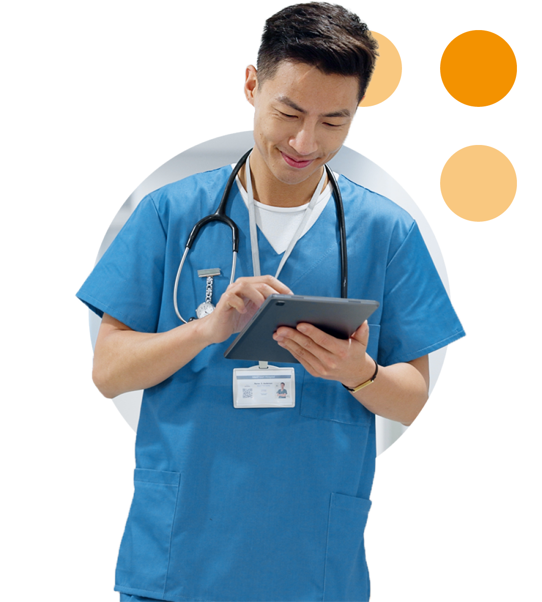 Image of a smiling doctor holding a tablet