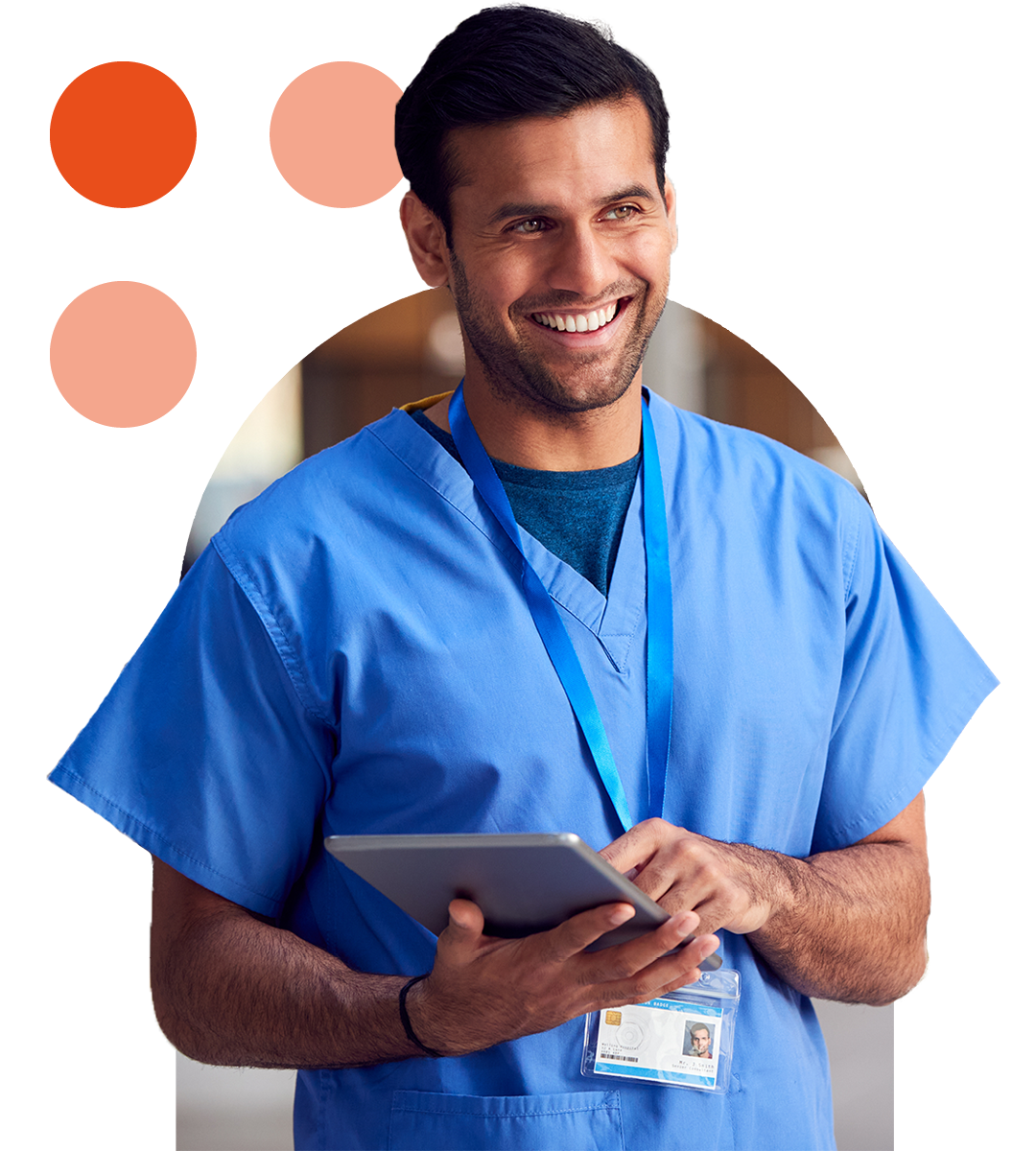 Image of a smiling doctor holding a tablet