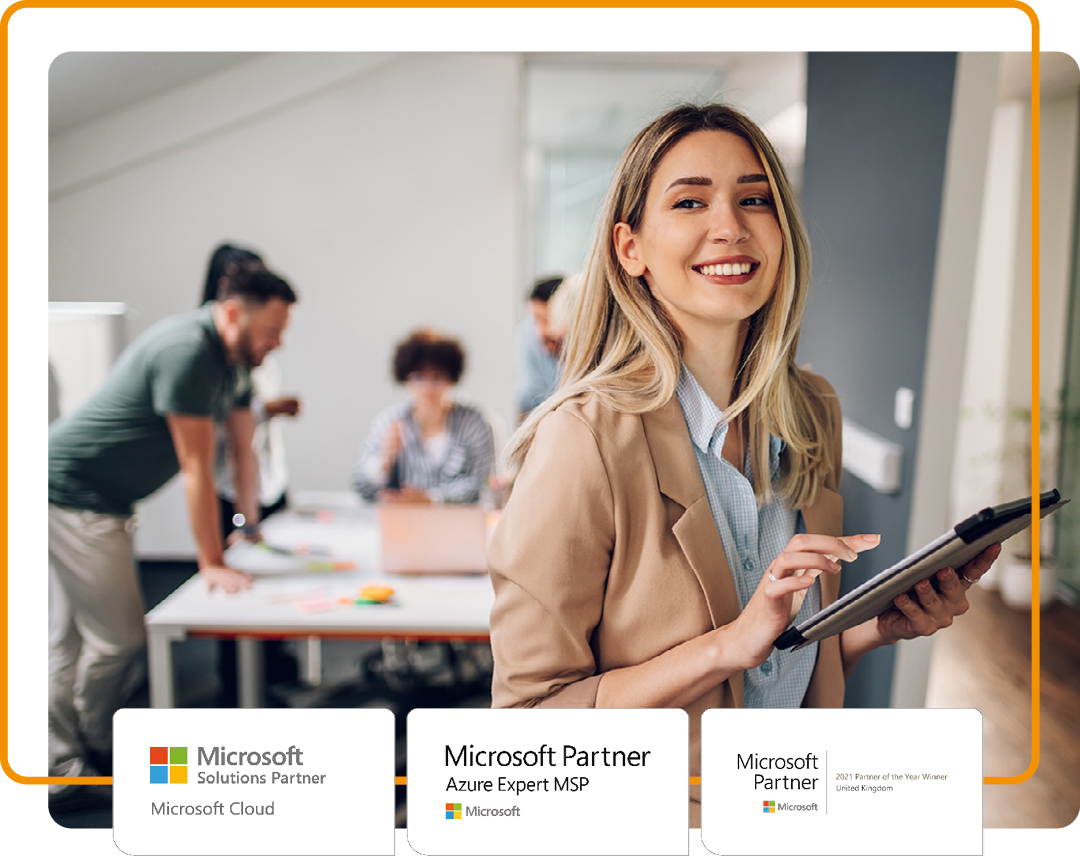 Image of a smiling professional in an office with our Microsoft Cloud and Microsoft Azure Expert MSP logos and Microsoft 2021 UK Partner of the Year award logo