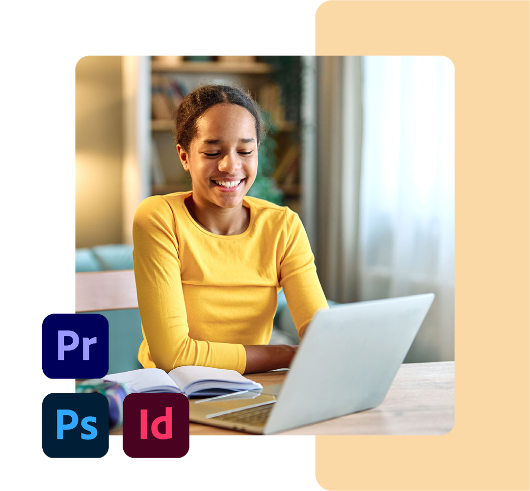 Image of a business professional working on a laptop with the Adobe InDesign, Photoshop, and Premiere Pro logos