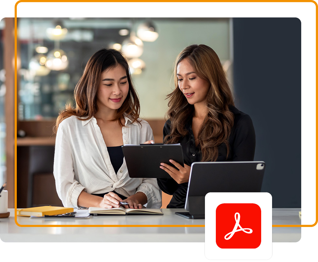 Image of two people working on a tablet with the Adobe Acrobat logo