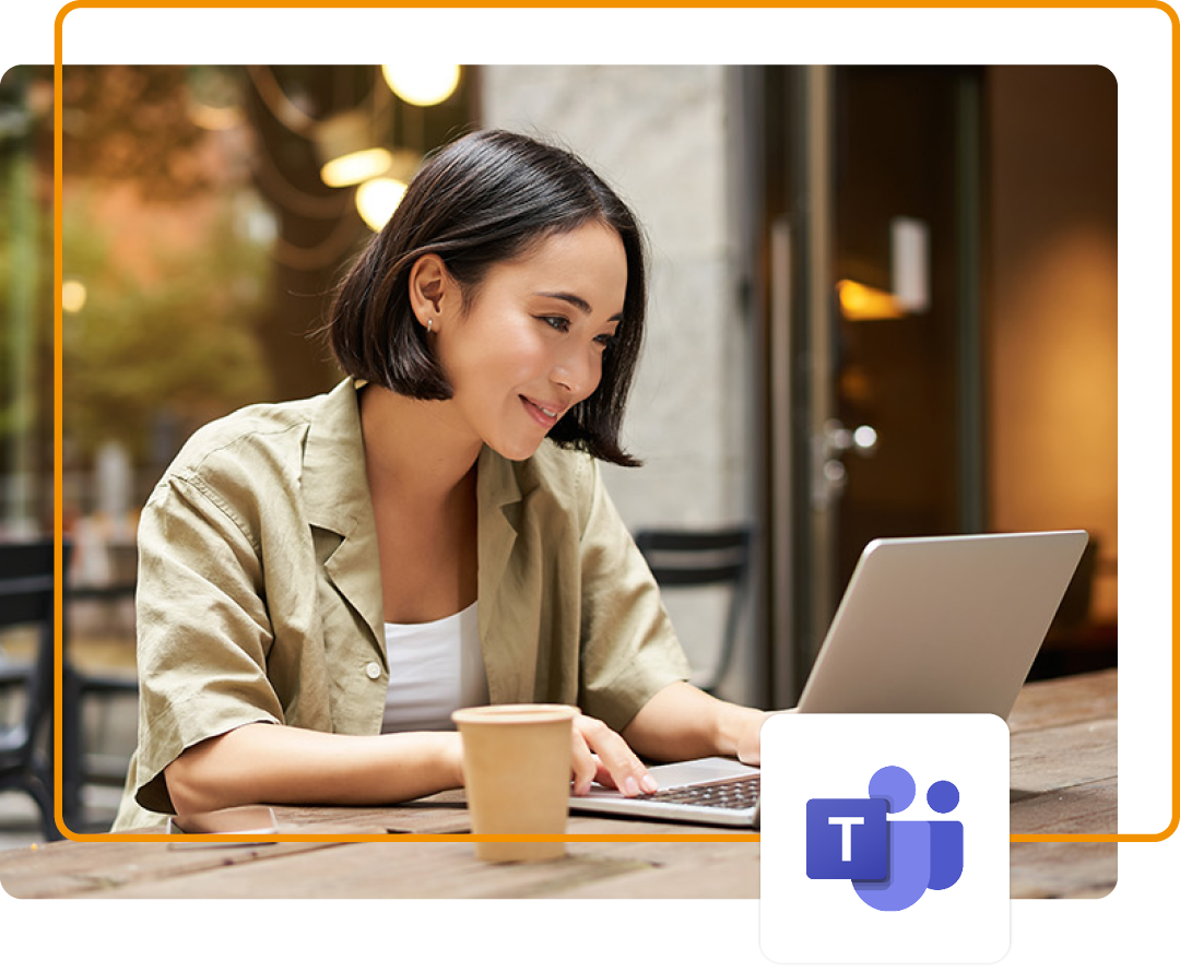 Image of a person working on a laptop with the Microsoft Teams logo