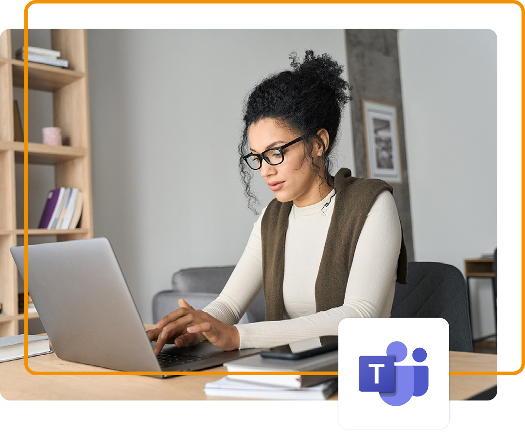 Image of a person working on a laptop with the Microsoft Teams logo