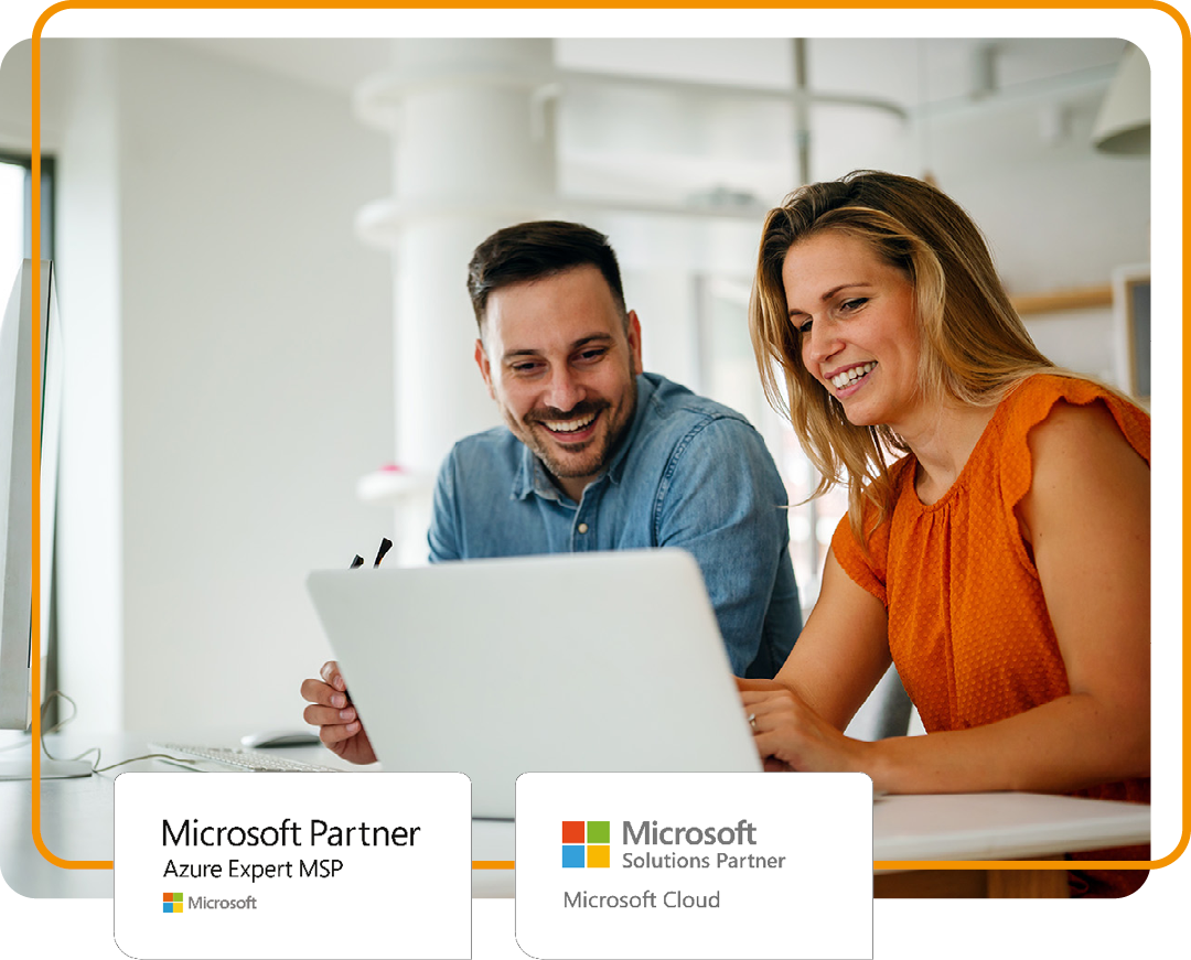 Image of two business professionals working on a laptop together with our Microsoft Azure Expert MSP and Microsoft Cloud Solutions logos