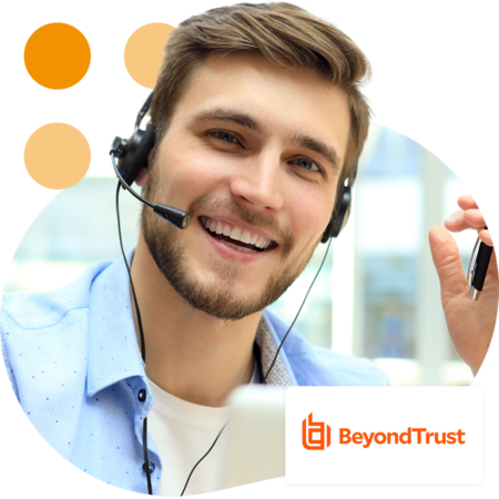 Image of a smiling IT professional talking on a headset with the BeyondTrust logo