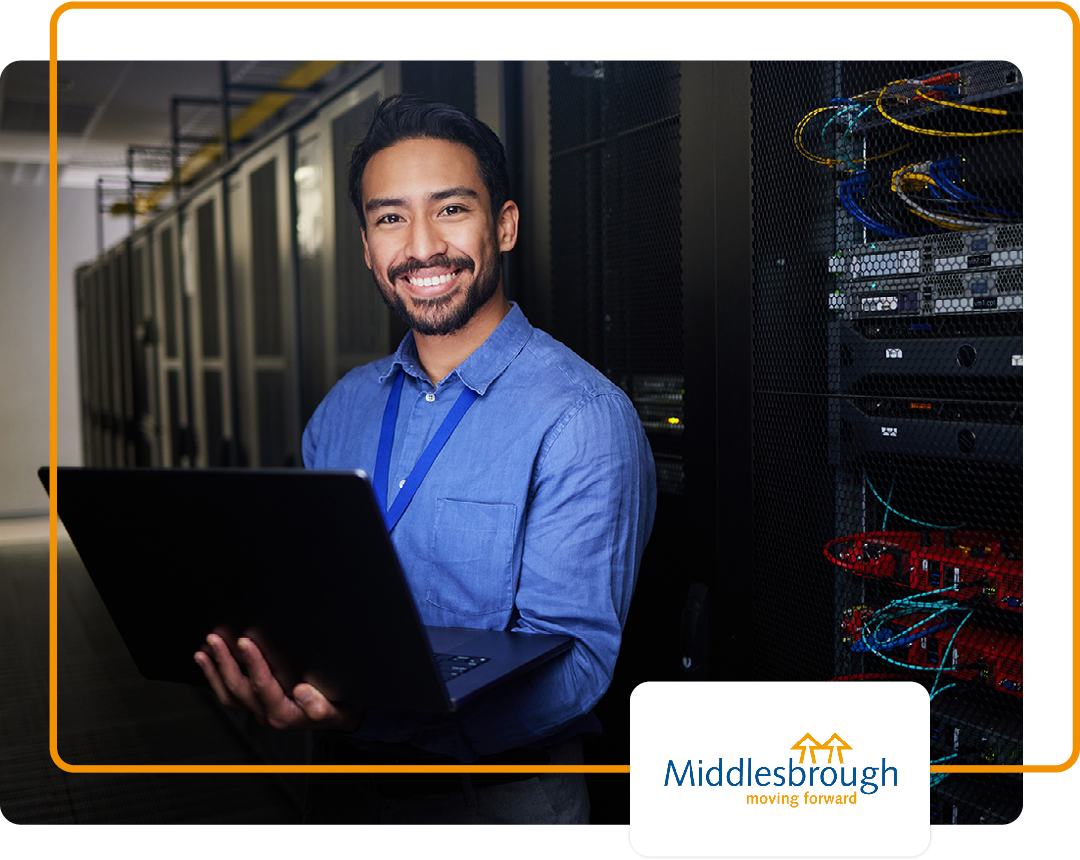 Image of a smiling IT professional in a server room with the Middlesbrough Council logo