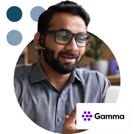 Image of a business professional talking on a virtual meeting with the Gamma Communications logo