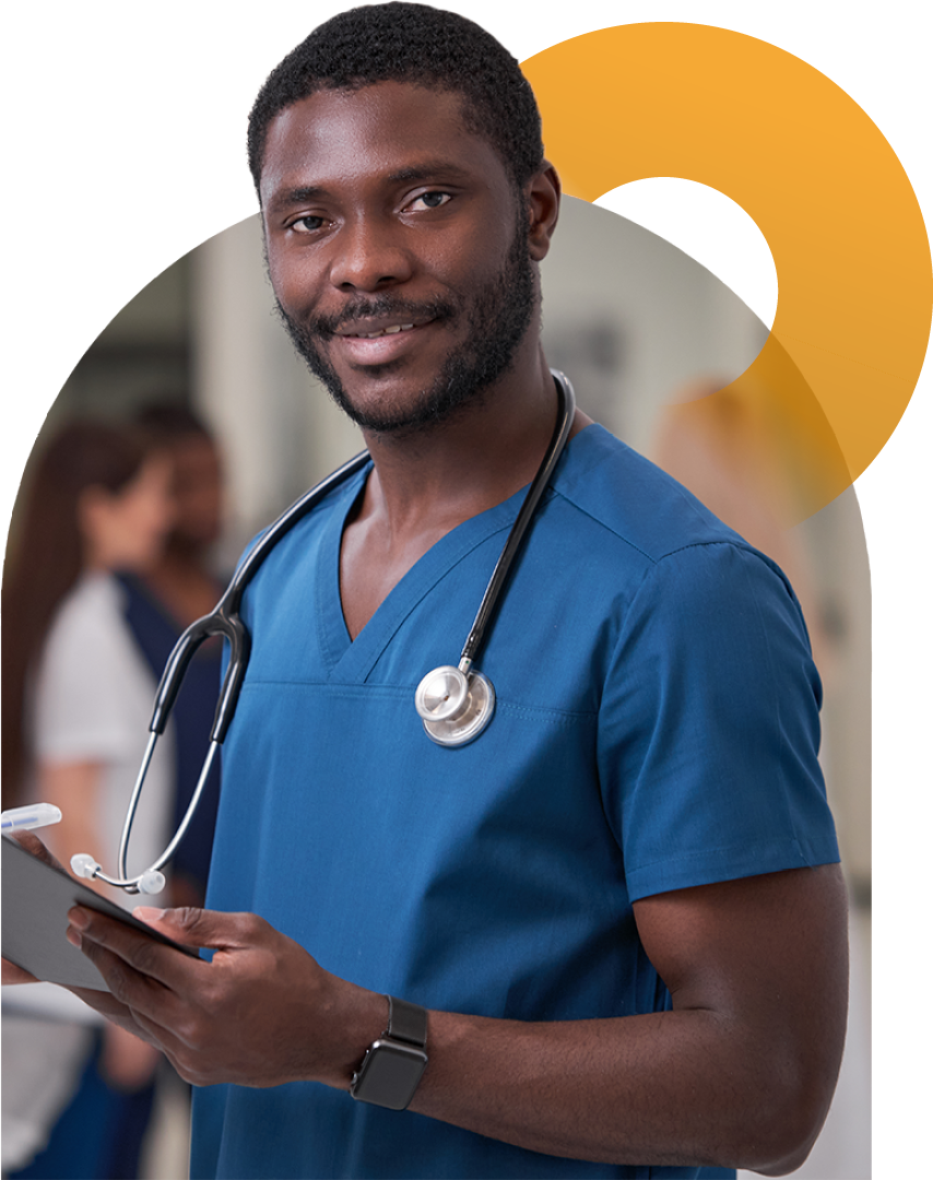 Image of a doctor stood with a clipboard in their hands