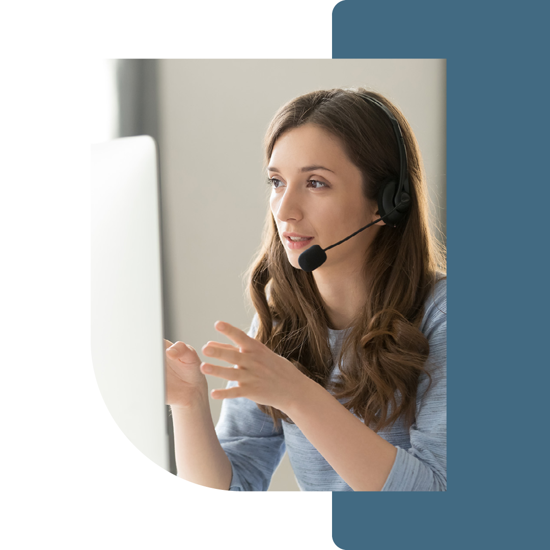 Image of a person talking on a headset on a virtual call