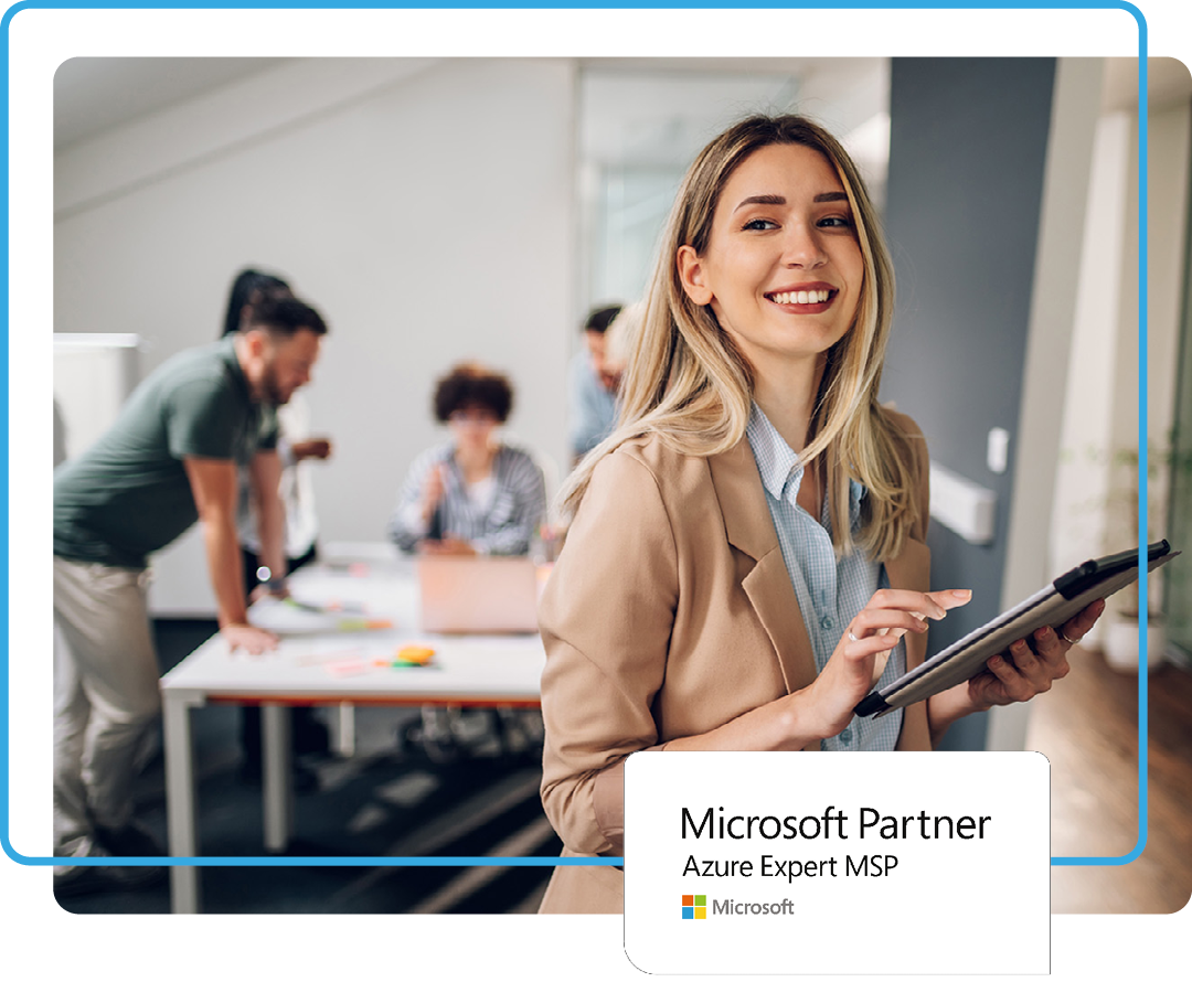 Image of a smiling professional in an office with our Microsoft Azure MSP logo