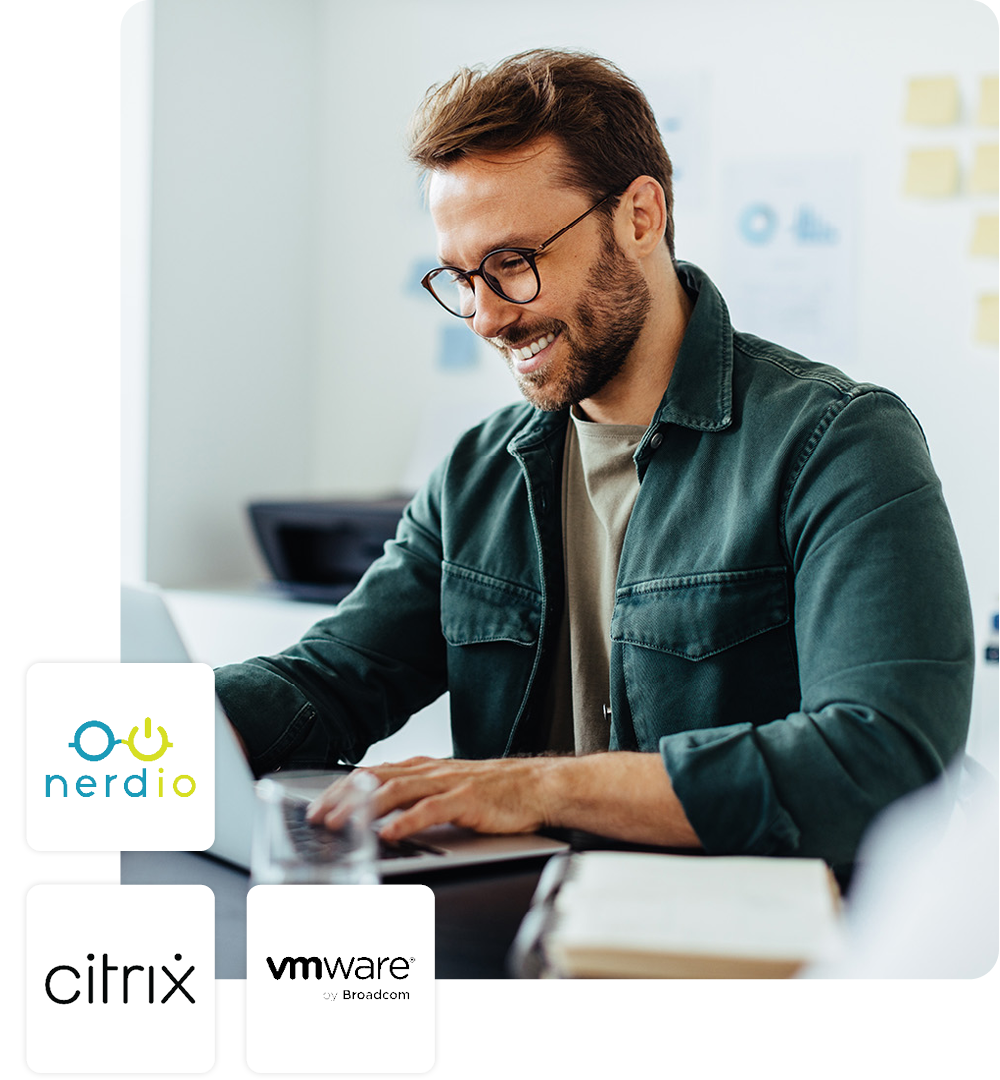 Image of a person working on a laptop with the Nerdio, Citrix, and VMware logos