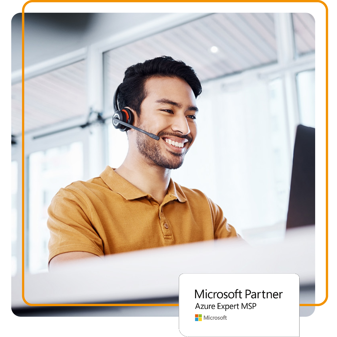 Image of an IT support professional talking on a headset with our Microsoft Azure Expert MSP logo