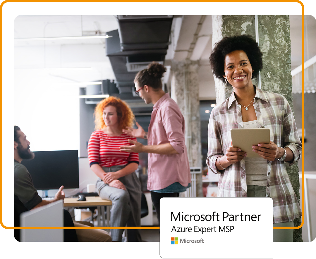 Image of people standing in an office with our Microsoft Azure Expert MSP logo