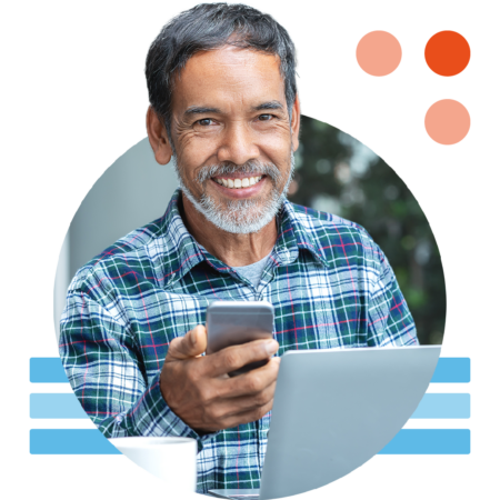 Image of a smiling work professional holding a mobile phone