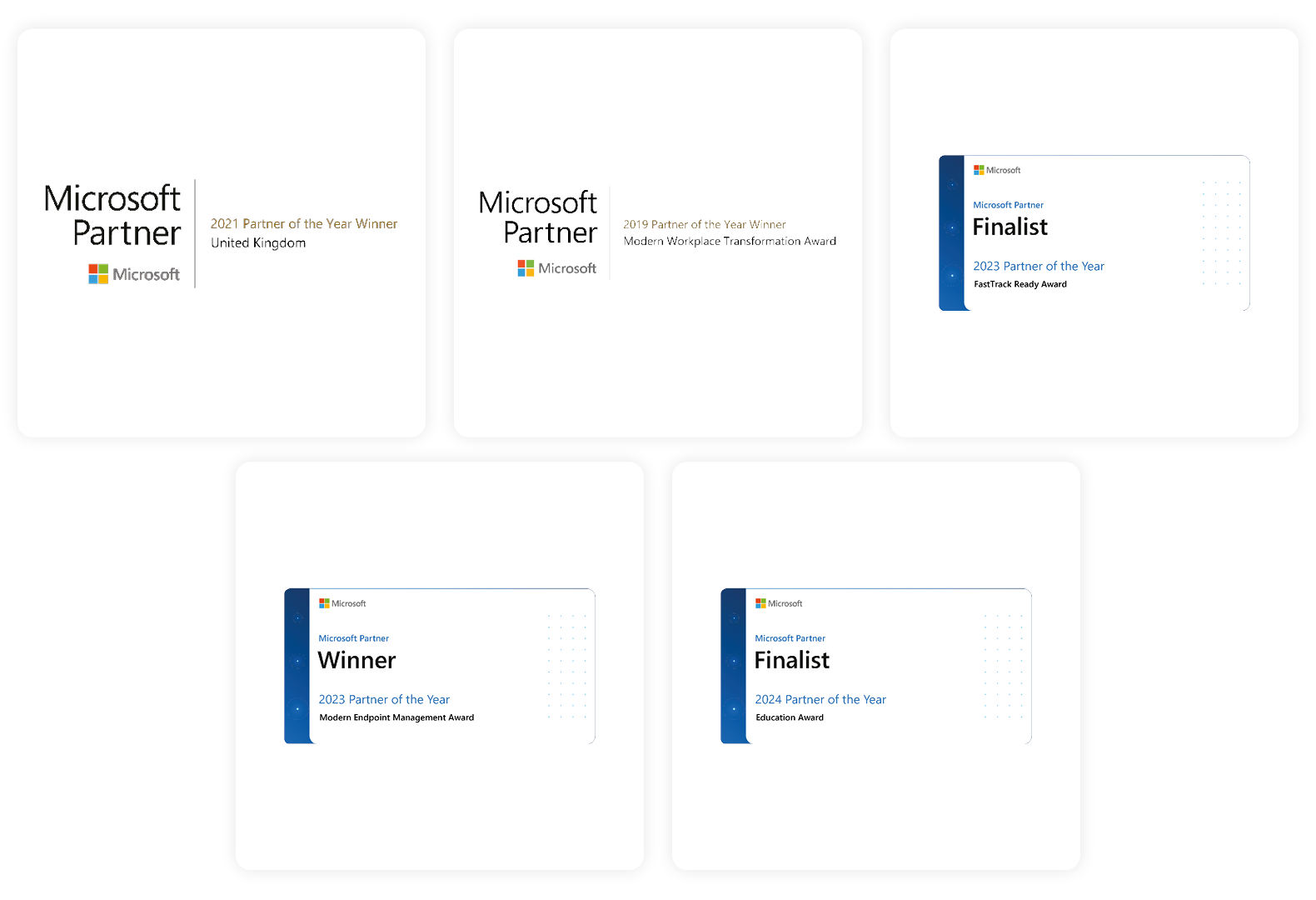 Image of Phoenix Softwares following Microsoft awards: Microsoft 2019 UK Transformation Partner of the Year, 2021 UK Partner of the Year, Modern Endpoint Management Partner of the Year Winner, 2023 FastTrack Partner of the Year Finalist, and 2024 Education Partner of the Year Finalist