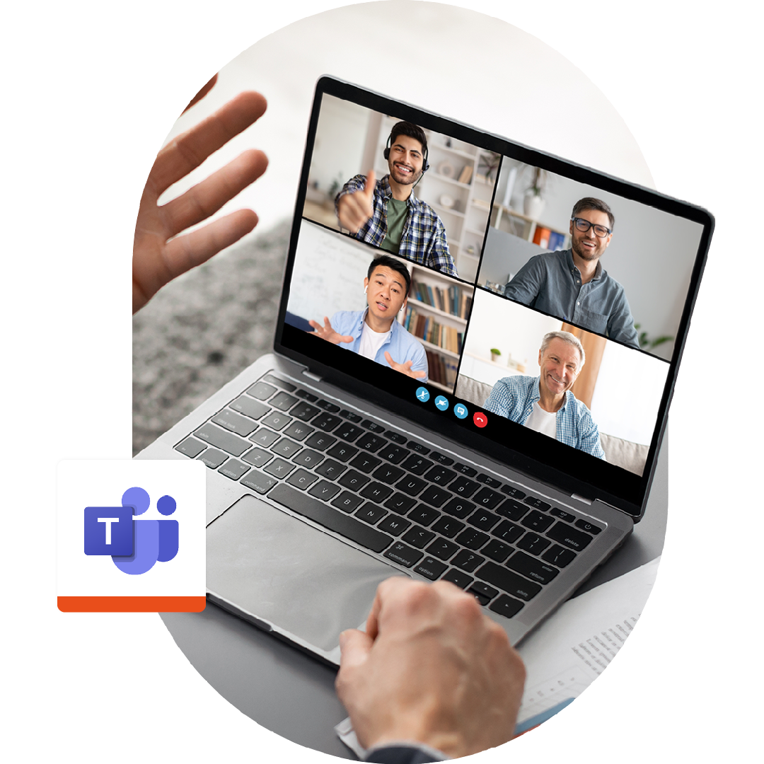 Image of someone on a virtual meeting with the Microsoft Teams logo