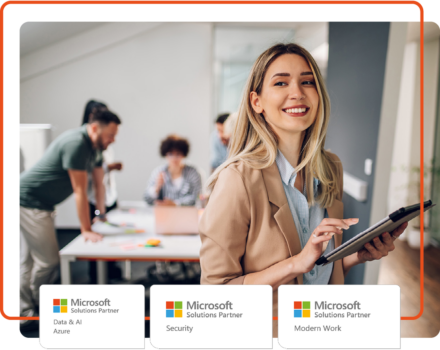 Person smiling working on a tablet with our Data and AI, Security, and Modern Work Microsoft specialisation logos
