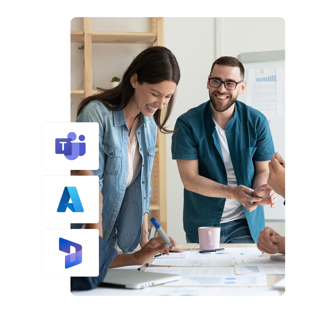 People laughing around a work desk with the Microsoft Teams, Microsoft Azure, and Dynamics 365 logos