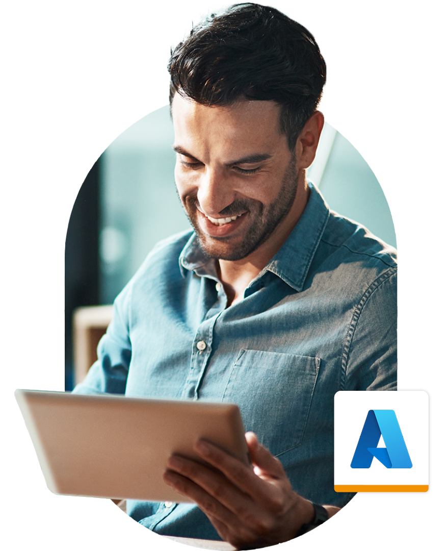 Image of a business professional holding a tablet with the Microsoft Azure logo