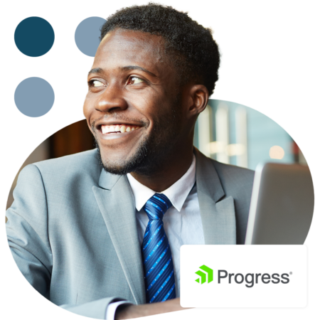 Image of a smiling business professional with the Progress logo