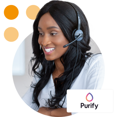 Image of a business professional talking on a virtual meeting with the Purify Technology logo