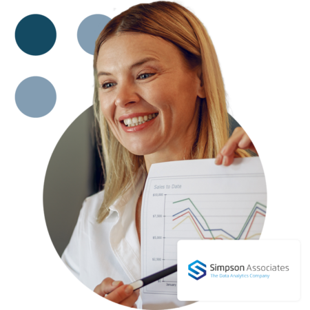 Image of a data analyst showing data on paper with the Simpson Associates logo