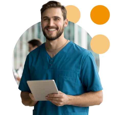 Image of a smiling doctor holding a tablet