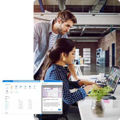 Image of two colleagues working on a laptop with a screenshot of Copilot for Azure