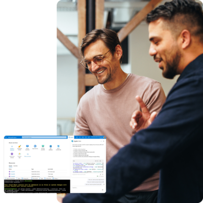 Image of two colleagues working on a laptop with a screenshot of Copilot for Azure