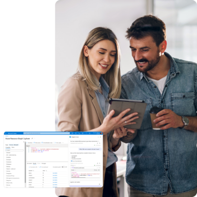 Image of two colleagues working on a tablet with a screenshot of Copilot for Azure