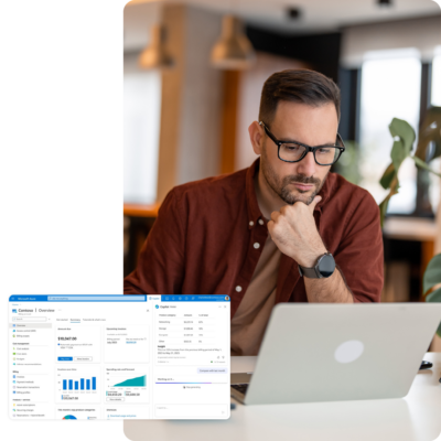 Image of a person working on a laptop with a screenshot of Copilot for Azure