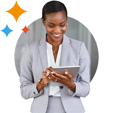 Image of a smiling business person holding a tablet