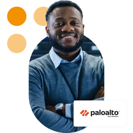 Image of a smiling IT professional stood in a server room with the Palo Alto logo